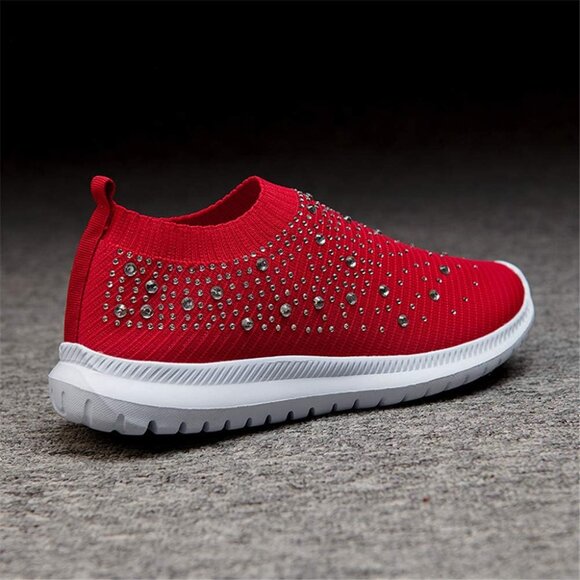 Women's Mesh Walking Shoes Rhinestone Glitter Slip On Ballroom Sneakers Red - Picture 3 of 6